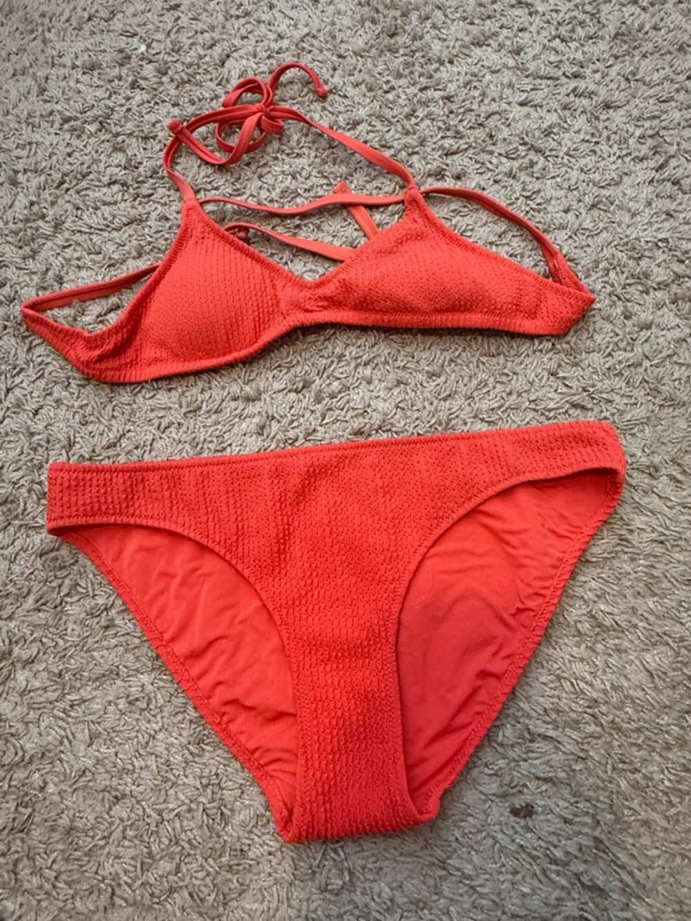 aerie Coral Red Textured Bikini Set